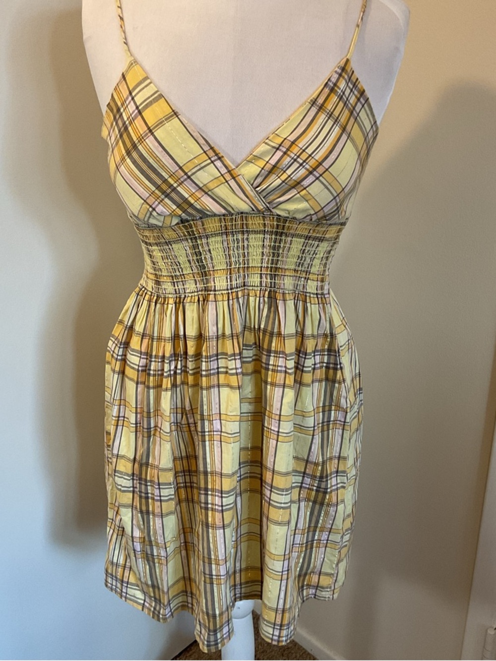 Fabiola Yellow Plaid Sundress Small Smocked Waist V-Neck Cotton Blend Summer - Picture 2 of 5
